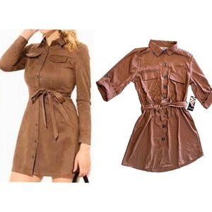 Hint of Blush Womens mini dress long sleeve front button pockets brown casual